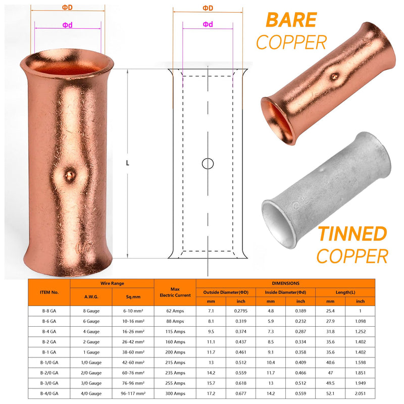 SVAAR 4 Gauge Butt Splice Connectors 20 PCS 4 AWG Non-Insulated Butt Connectors,Bare Pure Copper Butt Splice Wire Connector,Heavy Duty Uninsulated Crimp Butt Terminals + 20 PCS 3:1 Heat Shrink Tube 4 Gauge (4 AWG)