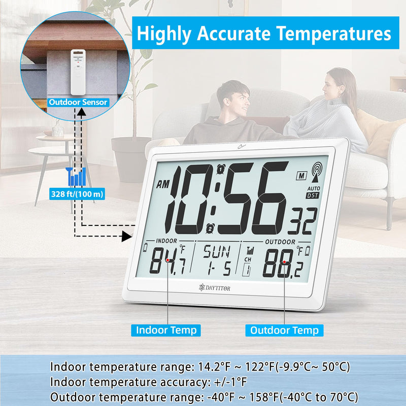 Atomic Clock Wall with Indoor/Outdoor Temp, Battery Operated Digital Wall Clock with 10.5" Large LCD Display, 330ft Range Desk Table Clock with Alarm, DST, Calendar for Living Room Bedroom, White