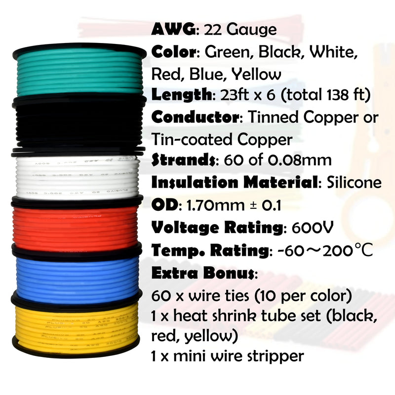 22 AWG Stranded Wire Kit – Silicone Coated Copper Wires 22 Gauge Pre-Tinned 23ft/7m Each Spool, 6 Colors (Black, Red, Yellow, Green, Blue, White), Electrical Jumper Wire Hook Up Wire Kit from Plusivo 6 colors each 23ft/7m