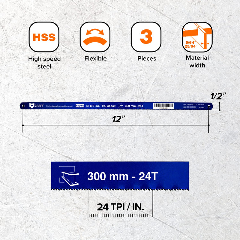 GRAFF 8% Cobalt Premium Hacksaw Blades 12 Inch for Stainless Steel and Metal Cutting 24 tpi - Handsaw Blades Replacement Bi-Metal Bi-metal 8% Cobalt