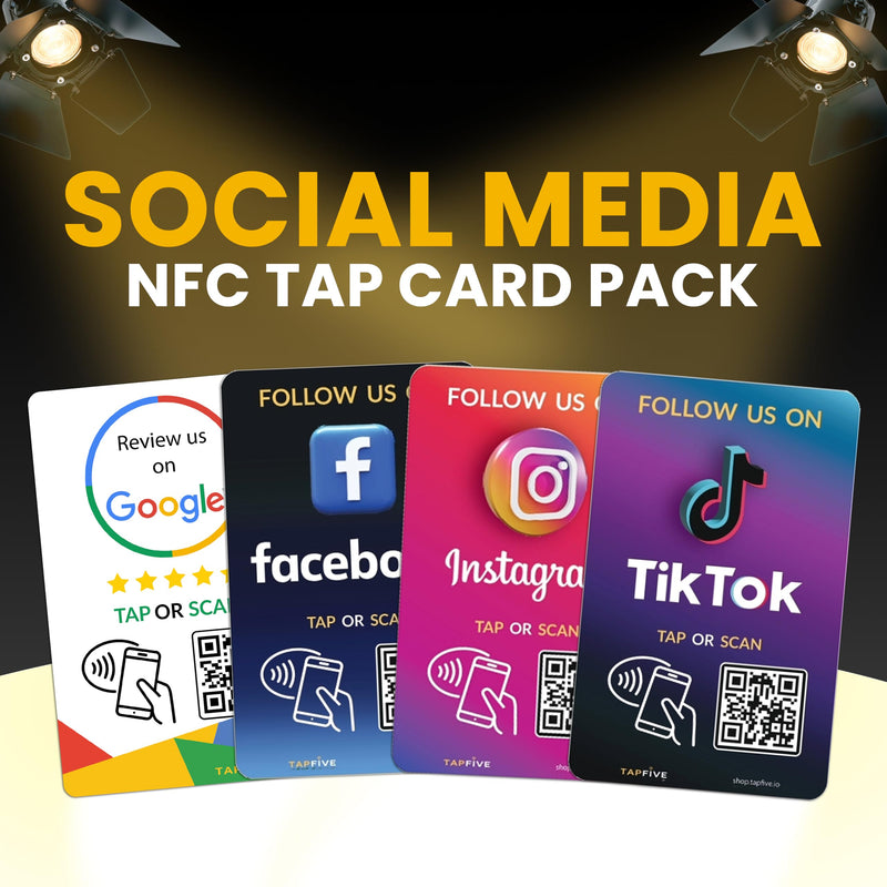 TapFive Google Review Tap Cards + Follow Us on Instagram Facebook TikTok - Tap for Instant Reviews & Followers - All Phones Compatible - Reusable NFC & QR (5-Pack Social Pack) 5-Pack Social Cards
