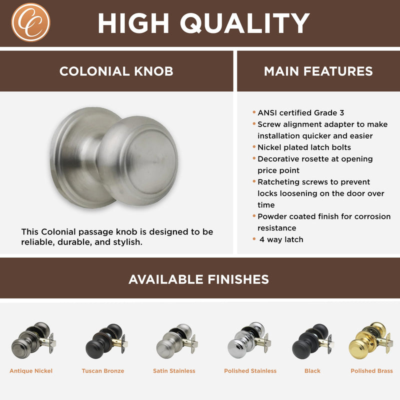 Copper Creek Satin Stainless Door Knobs - Round Colonial Knob, 1 Pack, Interior Passage Handle Perfect for Home Improvement - Fits All Standard Doors - Hallway, Closet, Bedroom, Bathroom Passage Function