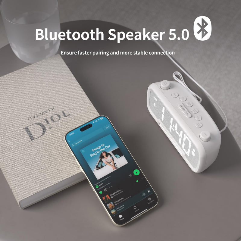 Alarm Clock Radio for Bedrooms, Hi-Fi Sound, Clock Radio with Bluetooth Speaker, Adjustable Dimmer, Auto-off Timer, Night Light, Dual Charging Ports, Ideal for Bedrooms, Dorms & Home Offices(White) White