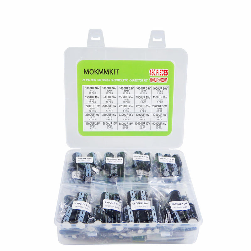 25 Values Aluminum Electrolytic Capacitor Kit 1000uF-10000uF | 180 Pieces, 1000uF 1500uF 2200uF 3300uF 4700uF 6800uF 10000uF, 10V 16V 25V 35V 50V, Large-Capacity Capacitors Assortment Set 1000uF-10000uF 180pcs