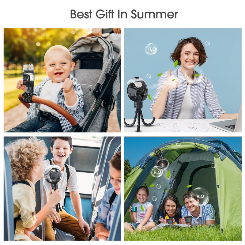 Ausic Stroller Fan with Mist, 100ml Misting Portable Fan for Stroller, Safe Baby Fans with Detachable Tripod, Baby Essentials, Clip on Fans for Crib, Treadmill, Car Seat, Outdoor, Beach, Golf Cart Misting Black