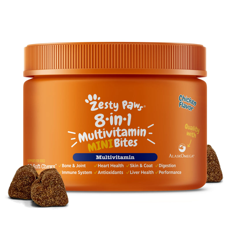 Zesty Paws Dog Multivitamin, Chewable Dog Vitamins and Supplements for Hip & Joints, Skin & Coat, Omega 3 Fish Oil for Dogs- Senior & Puppy Multivitamin - Chicken Mini Bites- 90ct Chicken - Mini 90 Count (Pack of 1)