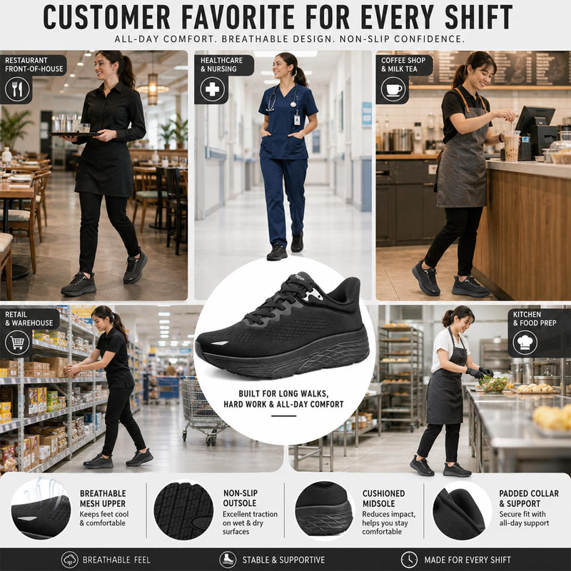 Black Non Slip Work Shoes for Women, Water-Resistant Kitchen & Restaurant Sneakers, Cushioned Thick Midsole for All-Day Standing, Chef & Food Service Footwear 8 Black-mesh