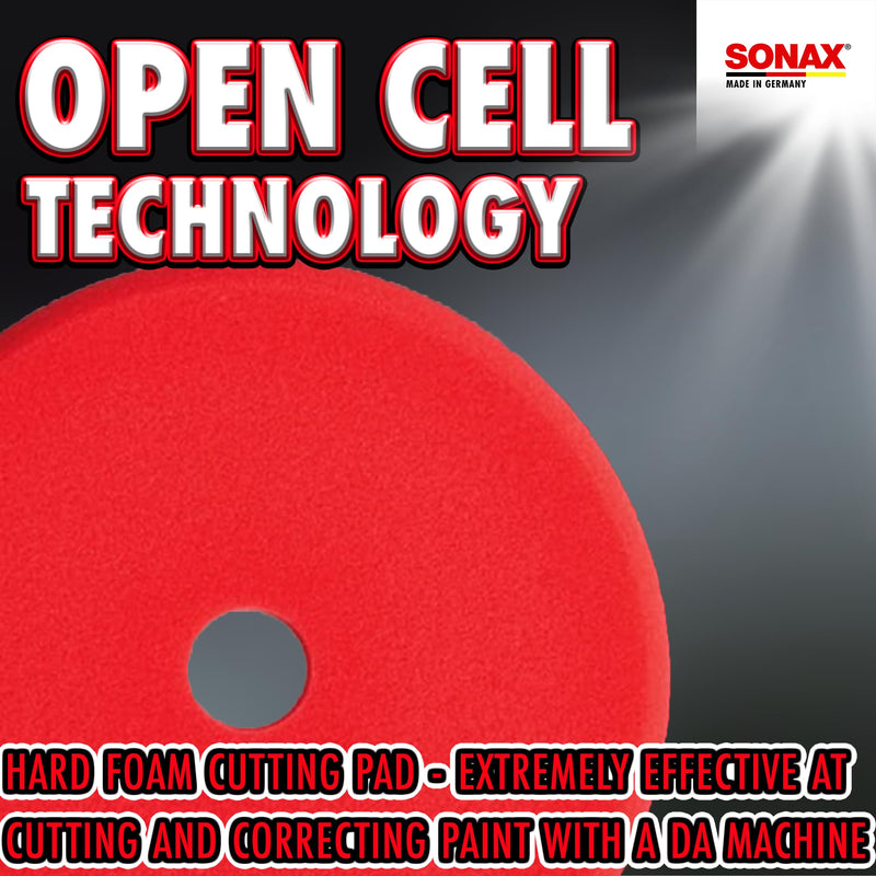 SONAX Red Hard Cutting/Polishing Pad 493100 | Heavy-Duty Foam Pad for Swirl & Scratch Removal | Ideal for Aggressive Paint Correction | for Dual Action & Rotary Polishers | 494200 | 4 Pack, 3-Inch