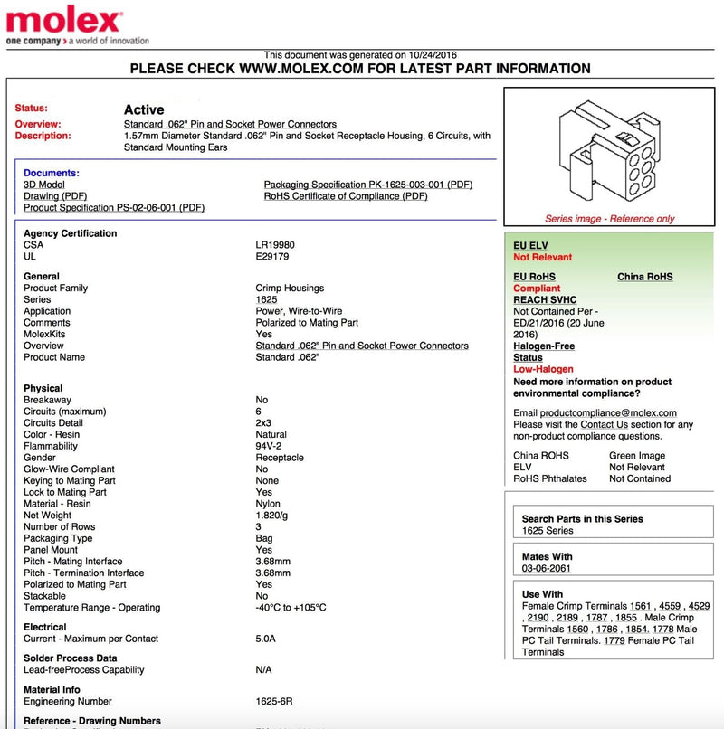 Molex (9-Circuits) Male & Female Receptacle Plug, w/Terminal sockets w/18-24 AWG Standard .062" Pins, Pitch 3.68mm