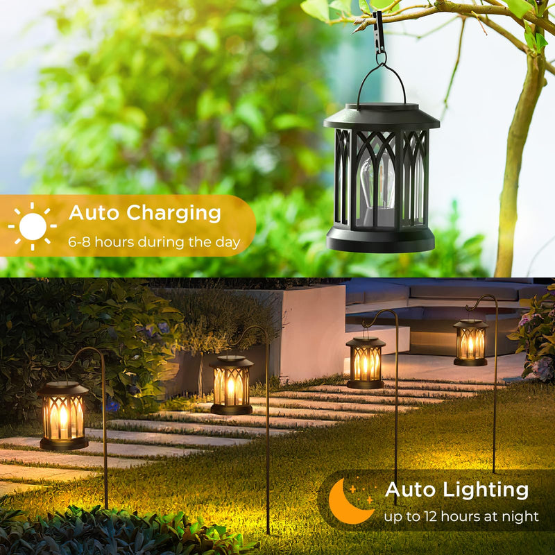 WdtPro Solar Lanterns Outdoor Waterproof, Upgraded Bright Hanging Solar Lights for Outside,Solar Powered Lanterns Lighting LED for Garden Patio Yard Decorative 2 Pack (Warm Light) Classic Black