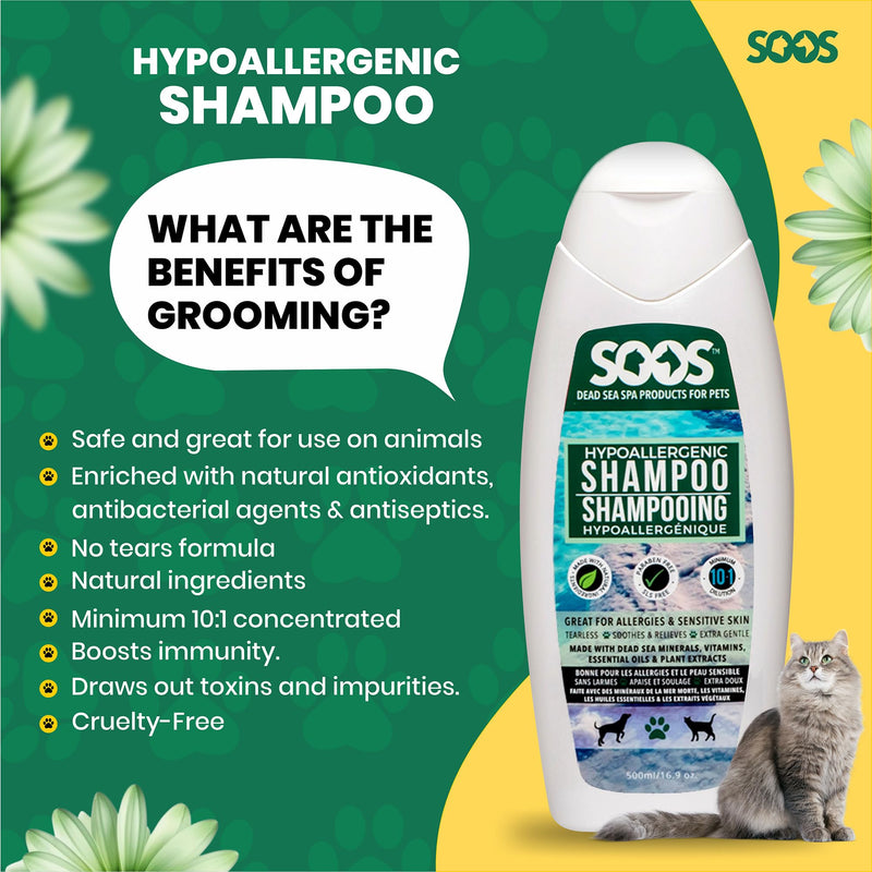 Soos Pet Dog Shampoo for Cats and Pets Hypoaller-genic Natural Dead Sea Minerals Fast Absorbing with Vitamins Essential Oils Natural Elements Antiba-cterial - 1x Pet Shampoo (500ml) - PawsPlanet Australia