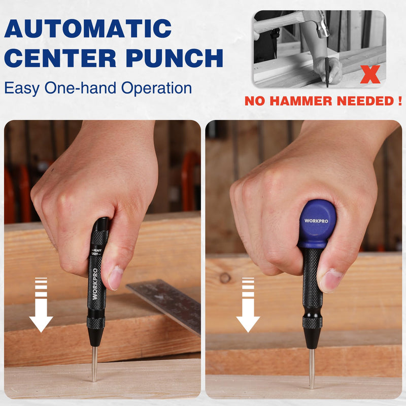 WORKPRO 2PCS Automatic Center Punch with an Extra Replacement Tip, Adjustable Spring Loaded Center Punch, Metal Punch Tool, Center Hole Punch for Wood, Metal, Plastic 2pcs Auto Center Punches with a Replacement Tip