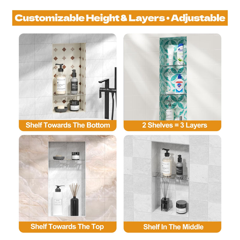 Neodrain Brushed Shower Niche Shelf, Fits 12 Inch Prefab Niches | 3mm Thick, Sturdy & Rustproof 304 Stainless Steel, Compatible with 1/8" Grout Lines, Fast Drainage,Tool-Free Drop-in, 1 Pack