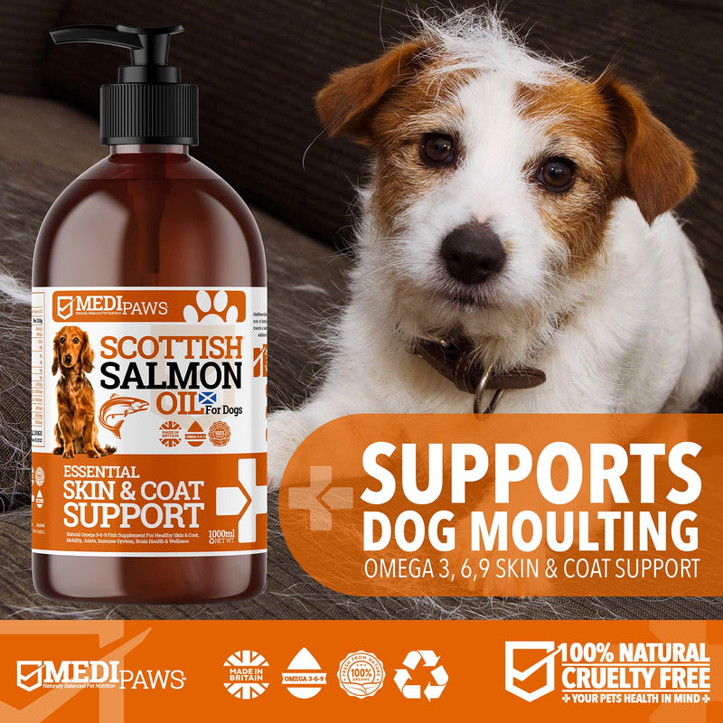 MediPaws® Dog Supplement | Scottish Salmon Oil For Dogs 1000ml | Supports Dog Skin And Coat, Dog Itchy Skin & A Moulting Dog | Omega 3 Fish Oil | Perfect For Dog Grooming & Dog Food 1 l (Pack of 1) - PawsPlanet Australia