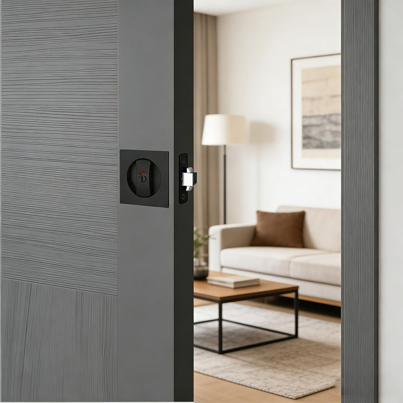 Matte Black Pocket Door Lock with Indicators, Pocket Door Handle with Lock Square Door Lock for Privacy Sliding Door Bifold Bathroom Door Locks and Pulls Hardware Privacy (Indicator) Matte Black