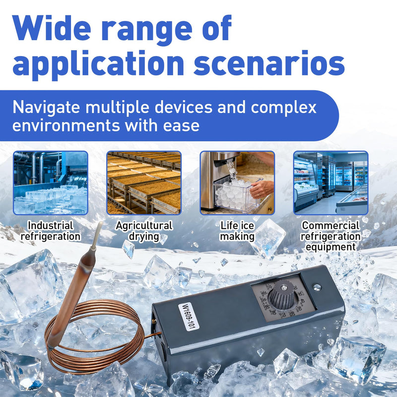 W1609-101 Refrigeration Thermostat Temperature Controller Remote Control Bulb TH-1609, 5FT Capillary Length, -30 to +90 Degrees Fahrenheit, -34 to +32 Degrees Celsius, °C and °F Dual Temperature dial