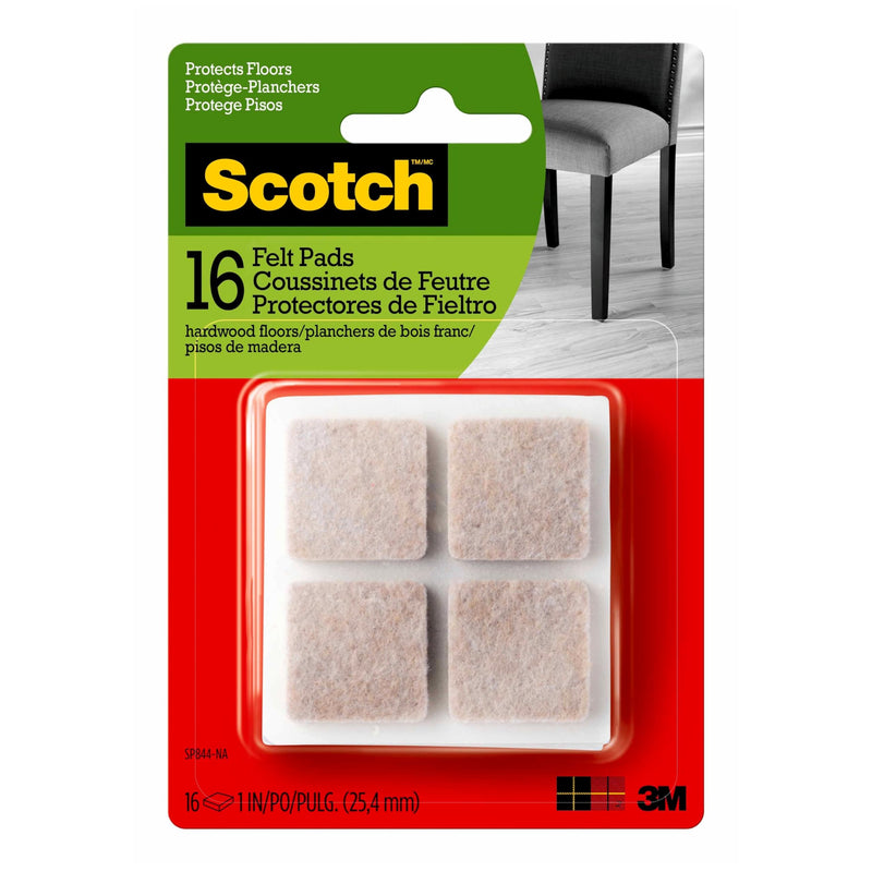 Scotch Felt Pads 32 PCS Beige, Felt Furniture Pads for Protecting Hardwood Floors, 1 x 1 in. Square, Easy-to-Apply, Self-Stick Design, Reliable Protection from Nicks, dents and Scratches (SP802-NA)