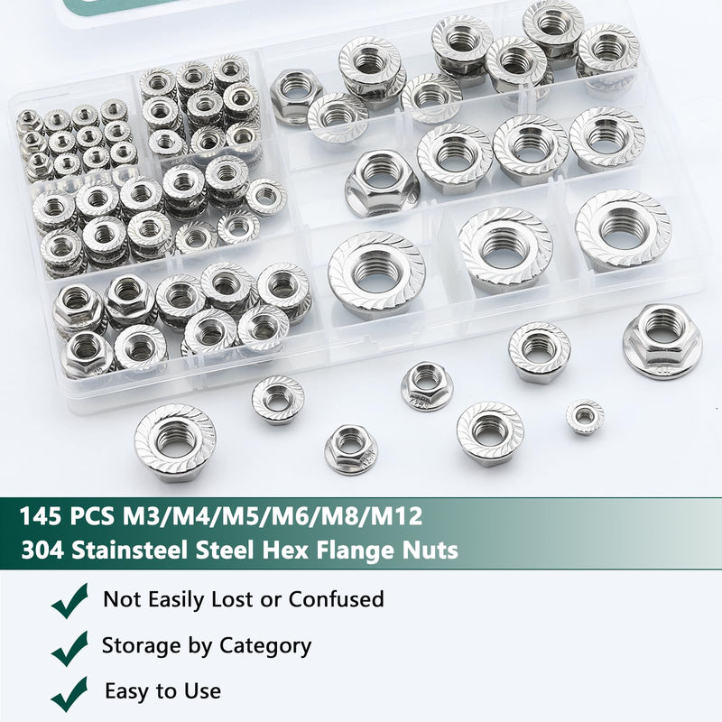 145 PCS 5 Size Metric Flange Nuts Assortment Kit, 304 Stainless Steel Serrated Flange Hex Lock Nuts-M3, M4, M5, M6, M8, M10, M12 Metric 145PCS