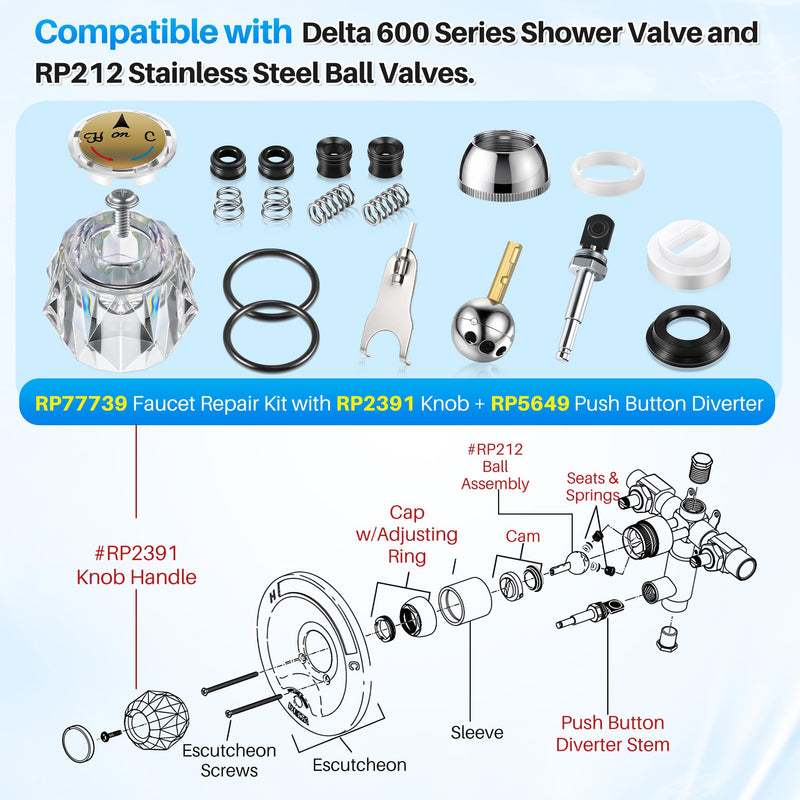 Acrylic Single Handle Trim Set with Push Button Diverter, Compatible with Delta 600 Series Shower Valve, Includes Stainless Steel Ball Valve, Clear Knob and Diverter Stem
