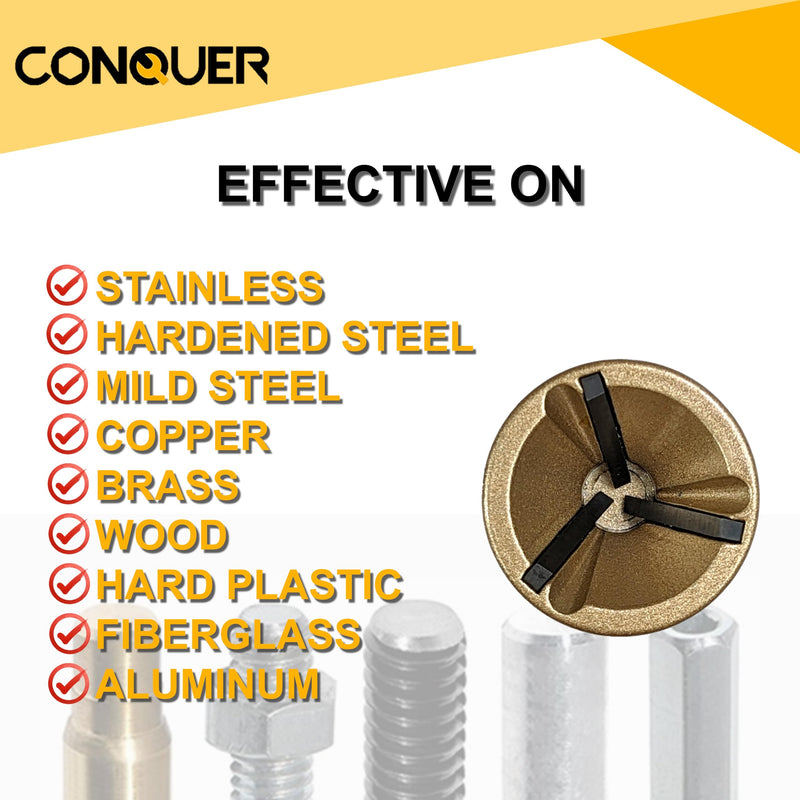 CONQUER Tools Deburring External Chamfer Tool, Premium Tungsten Blade, Deburring Drill Bit, Remove Burr Tools Quick Release Shank Fits for 1/8"-3/4"(3mm-19mm) Stainless Steel Burr Removal, Countersink PREMIUM TUNGSTEN Blade 1/8"-3/4"(3mm-19mm)