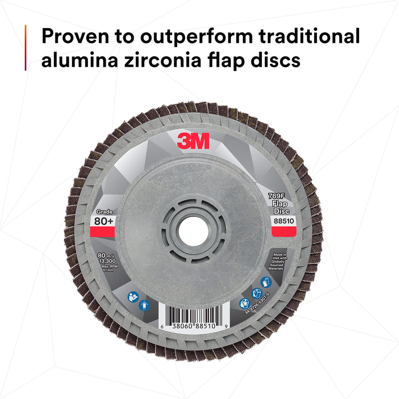 3M Flap Disc 769F, Type 27 Quick Change, 80+, 4-1/2 in x 5/8-11, High Performance Abrasive, Ceramic Precision-Shaped Grain Grinding and Finishing Disc, Carbon Steel, Stainless Steel 4.5 in x 5/8 in-11 T27 Quick Change, 80+