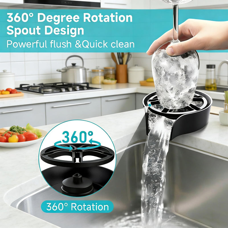 Glass Rinser for Kitchen Sink, Cup Cleaner Sink Attachment, Cup Rinser for Sink High Pressure Cup Washer with Pull-out Spray, Bar Cafe Restaurant Bottle Rinser, 360 Degree Rotating Quick Clean (Black) Black