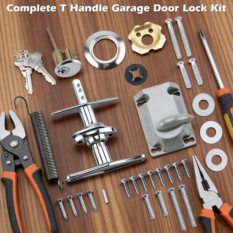 Garage Door Lock Set with T Handle, Center Mount Deadbolt Lock with Keyed Cylinder, Complete Installation Kit for Most Garage Doors Up to 2-1/2" Thick