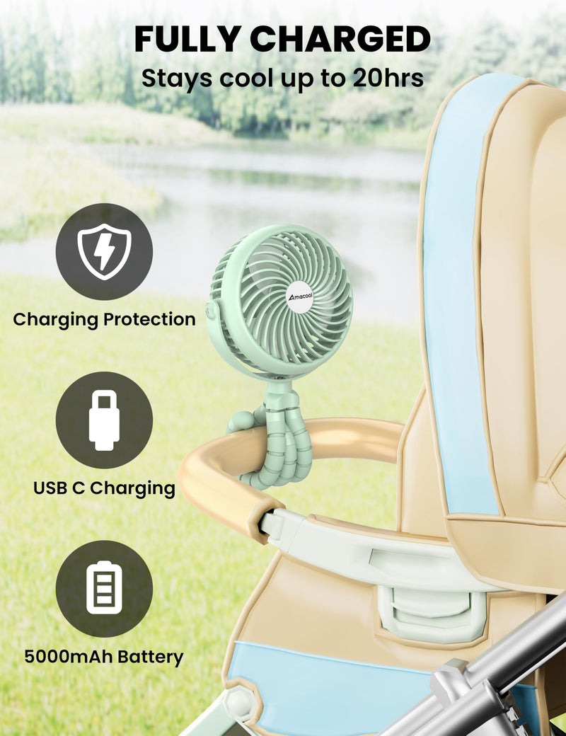 AMACOOL Baby Stroller Fan - 5000mAh Rechargeable, 3-Speed, Strong Yet Quiet, 360°Rotate Portable Clip on Fan for Travel, Car Seat, Crib, Bike, Treadmill, Beach Vacation Essentials Green