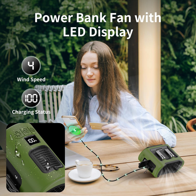Socool 14500mAh Portable Waist Fan Clip on Wearable Belt Rechargeable Personal Fan, Dual Air Outlet, 40Hrs Cooling 5-Speed Battery Operated Fans with Light, Neck Fan Hanging for Outdoor Camping Travel Green