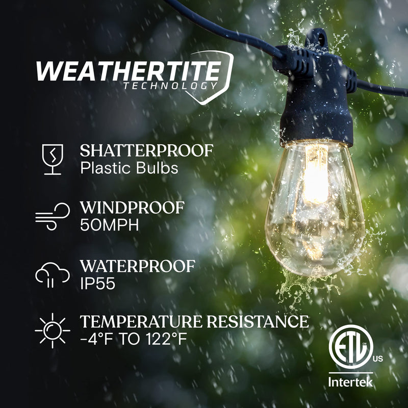 Brightech Ambience Pro Solar Powered Outdoor String Lights - Commercial Grade Patio Lights with 48 Ft Edison Bulbs - Shatterproof LED Solar Lights for - 1W LED, Warm White Light Bright (1W) Manual Control 48 FT