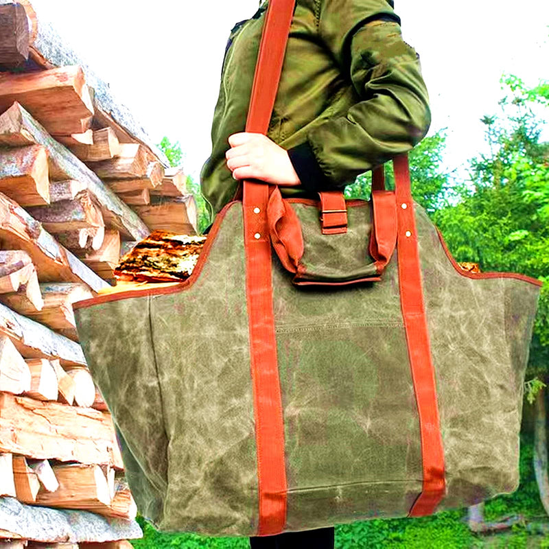 Green Leather Indoor Fireplace Log Holder - Wood Carrier for Firewood Rack & Tote Green