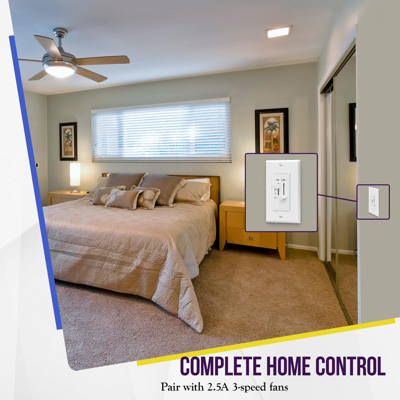 ENERLITES 3 Speed Ceiling Fan Control and LED Dimmer Light Switch, 2.5A Single Pole Light Fan Switch, 300W Incandescent Load, No Neutral Wire Required, 17001-F3-W, White 1 PACK