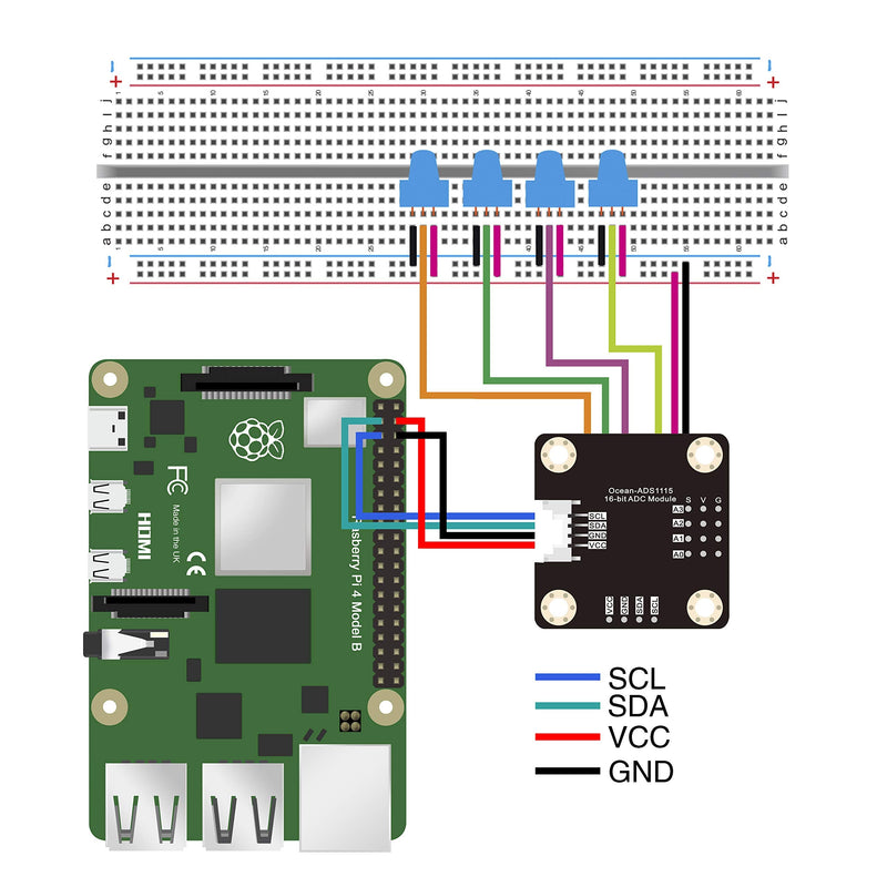 ADS1115 16-Bit ADC Conversion Module Compatible with Raspberry Pi and Arduino Boards. Achieve Analog and Digital Signal Acquisition or Conversion, 3.3V to 5V, I2C Address Selection Switch.