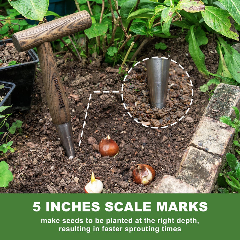 2024 New Upgrade Hand Dibber with 5 inches Measuring Scale, Easy to Grip L-Shaped Wood Handle Dibbler, Stamped Stainless Steel Tip Seed Dibber, 11.3'' Dibber for Sowing Seeds and Planting Seedlings