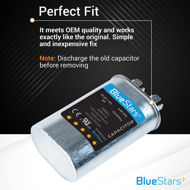 BlueStars Upgraded Version 10 uF MFD ±5% 370/440V CBB65 Oval Run Start Capacitor Replacement Part - Fit for AC Motor Run or Fan Start and Cool or Heat Pump Air Conditioner - Lifetime Up to 30.000 hrs 10 MFD