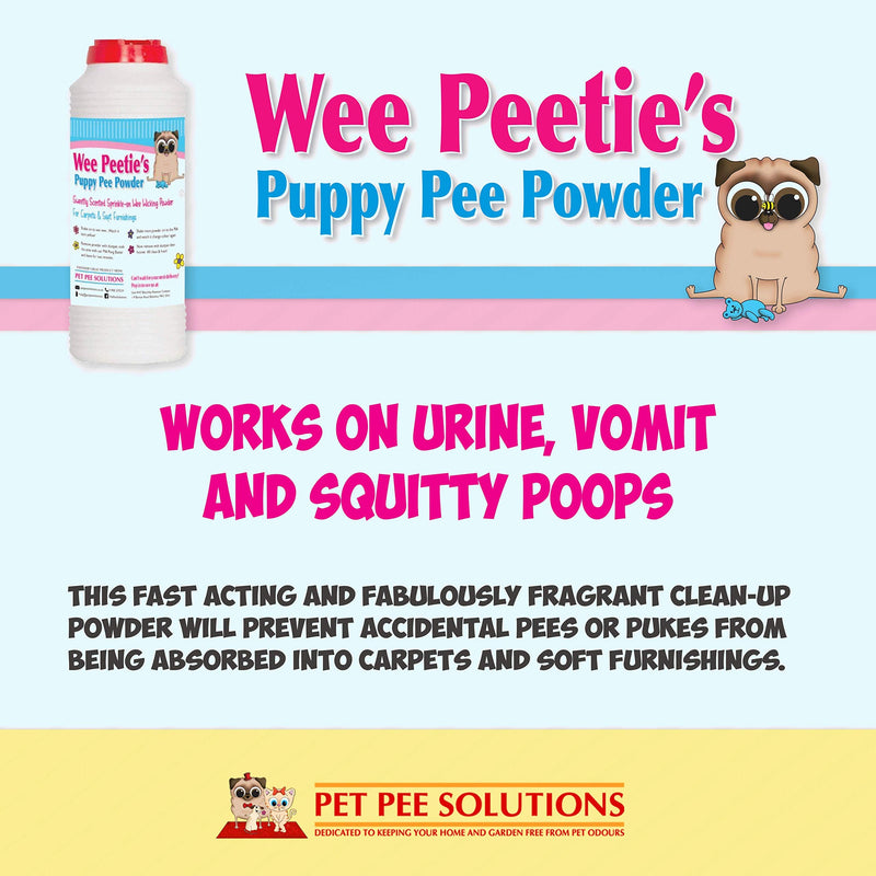 Wee Peeties Pee Powder for Pet Urine Vomit and Poo. Removes Liquid from Carpets Upholstery Sofa and Mattress. Prevents growth of Bacteria and stops Smell and Odour from Dog Puppy and Cat Accidents - PawsPlanet Australia