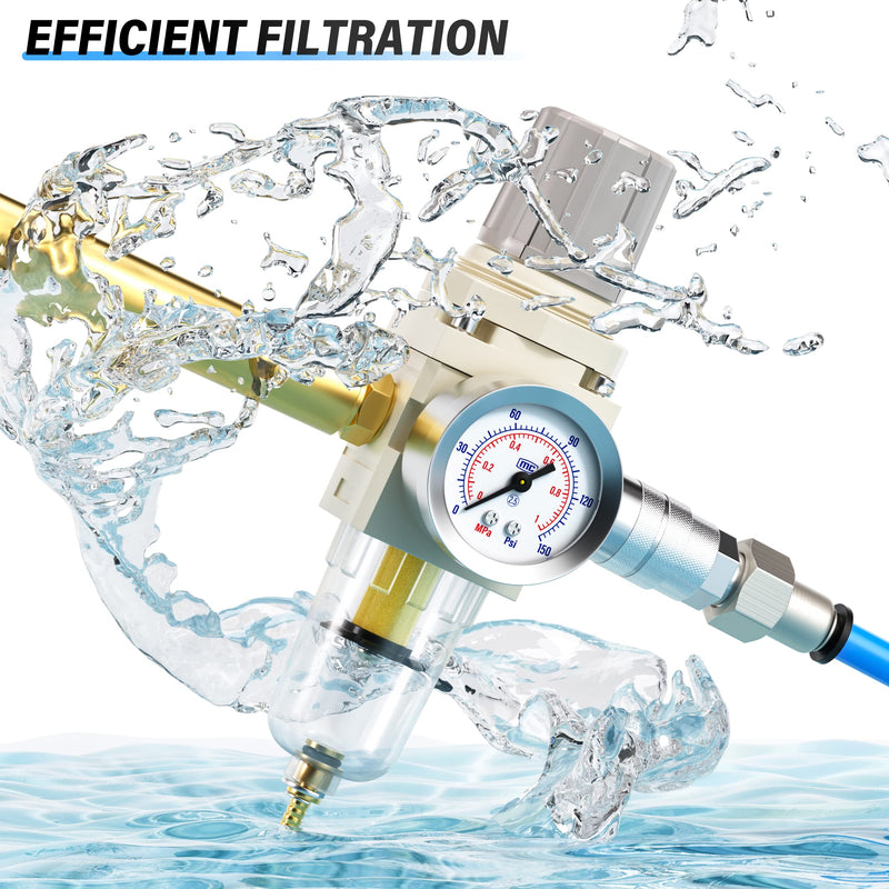 TAILONZ PNEUMATIC 1/4 Inch NPT Air Filter Pressure Regulator Combo Piggyback, Air Tool Compressor Filter with Gauge AW2000-02 1/4"NPT Semi-Auto Drain