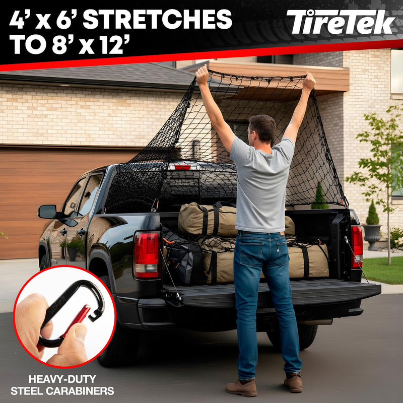 Cargo Net for Pickup Truck Bed (4'x6' Stretches to 8'x12') Double Thick Heavy Duty Pickup Truck Bed Organizer Accessories - 12 Metal Carabiners, Bungee Mesh Accessory with Strap Hooks 4' x 6'