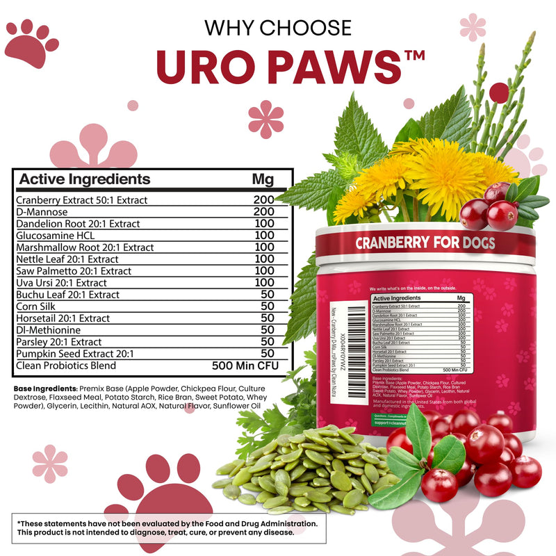 Dog UTI Treatment | Cranberry for Dogs | Urinary Tract Bladder Control | D-Mannose Dandelion Glucosamine HCL Marshmallow Nettle Leaf Saw Palmetto Uva Ursi Horsetail Beef Flavor by Clean Nutra Pets