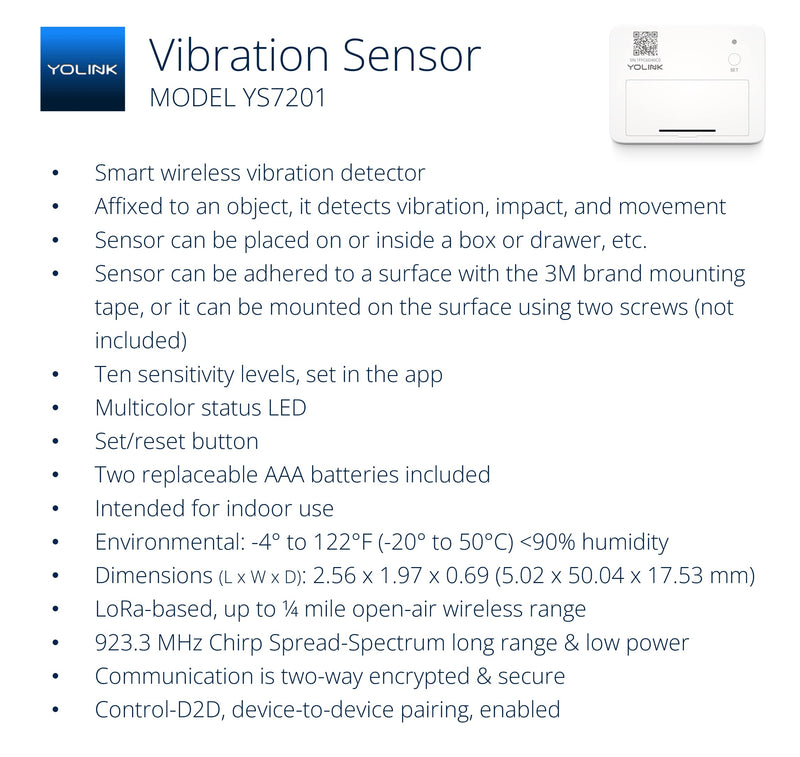 YoLink LoRa Smart Vibration Sensor; Smart Shock, Glass Break, Tamper, Movement Detector, Generator Running, Email/SMS/Push Alerts, 1/4 Mile Open Air Range, Alexa, Hub is not Included Without Hub
