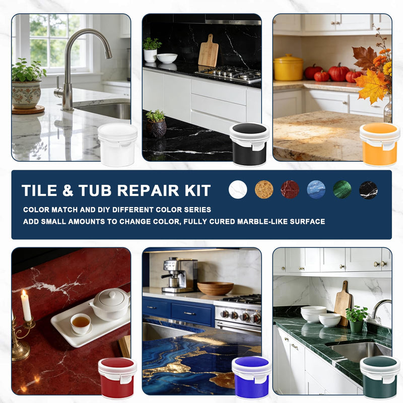 Tile & Bathtub Repair Kit (Color Match, 6-Color, 80g x 2, Total 160g), Porcelain Ceramic, Fixes Chips Dents Cracks Scratches for Marble Acrylic Fiberglass Granite Countertops & Bath Surfaces White