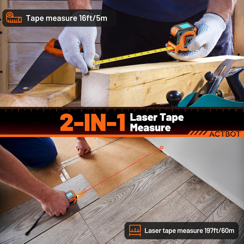 2-in-1 Laser Tape Measure 197Ft Rechargeable Digital Tape Measure & 16Ft Tape Measure Support Ft/Ft+in/in/M Pythagorean, Area, Volume Laser Measure for Construction DIY Woodworker