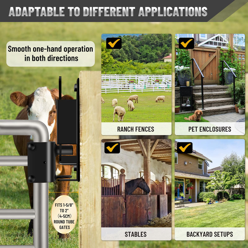 2 Pcs Farm Gate Latch, Heavy Duty 2 Way Gate Latch Lockable, Livestock Gate Latches for Metal Gates, Ranches, Farms, Stables, Horse Corrals, Pet Cages, Black Hardware with Screws