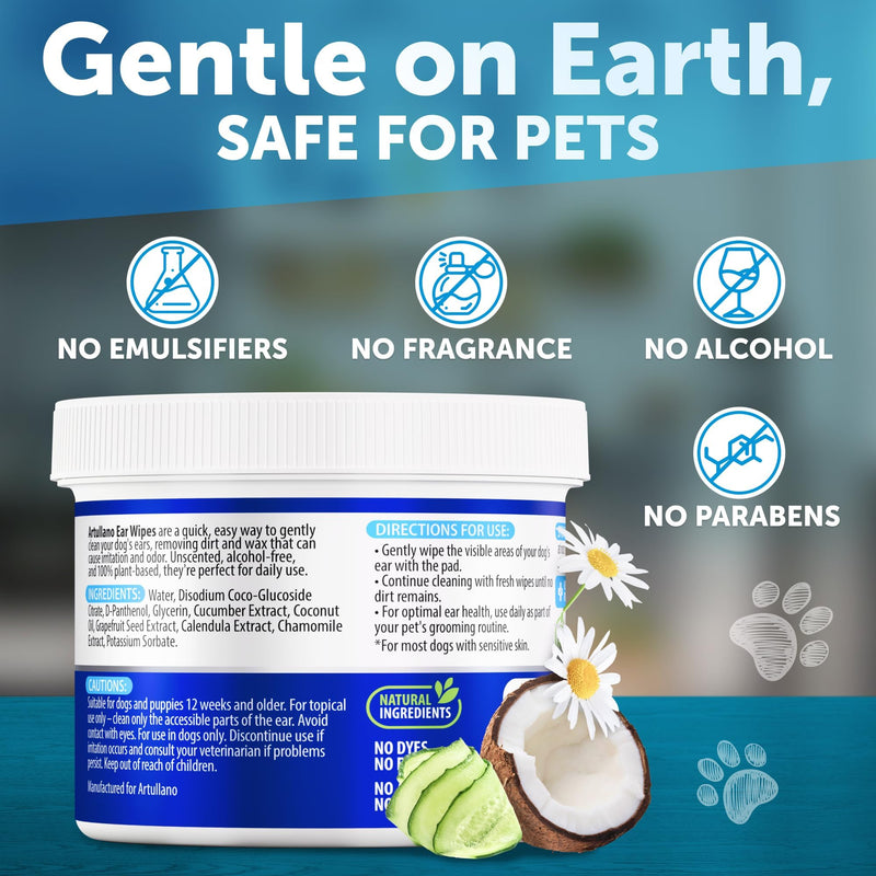 Dog Ear Wipes - 100 ct - Removes Wax and Dirt - Soothing Ear Cleaner Wipes for Dogs, Puppies - 100% Plant Based, Unscented with Coconut Oil - Ear Infection Treatment to Relief Itching & Inflammation 100 count