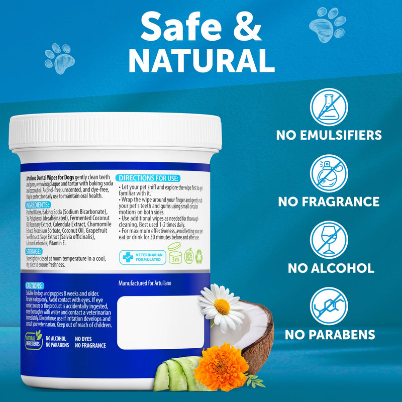 Dog Teeth Cleaning Wipes - 50 Dog Dental Care Finger Wipes - Finger Toothbrush for Removing Plaque, Tartar Buildup, Bad Breath - Oral Freshness, Healthy Teeth & Gum Support with Coconut Oil, Unscented 50 count