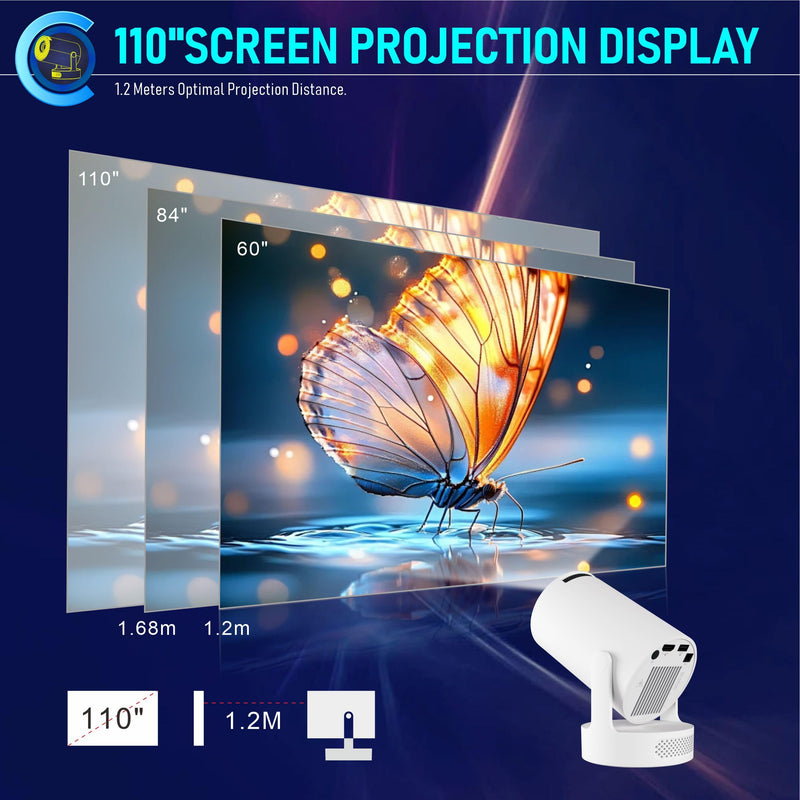 Mini Projector, HY300Ultra Portable Projector with WiFi 6 and Bluetooth 5.4, 4K Support,5W Soundbase Speaker, Android11.0, 180° Rotation, Compatible with TV Stick Smartphone HDMI Manual Focus