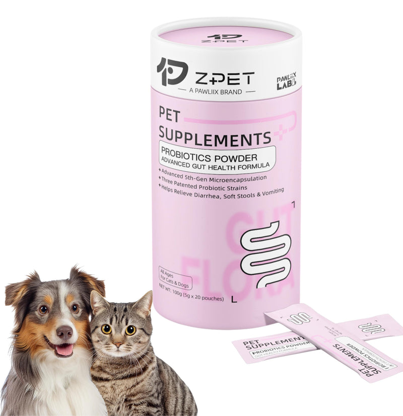 ZPET Probiotics Powder for Dogs & Cats – 5th-Gen Microencapsulation with 3 Patented Strains – Gut Health & Digestive Support – Helps with Diarrhea, Stool Odor & Appetite – 100g (5g×20 Piuches) Mild Sweet