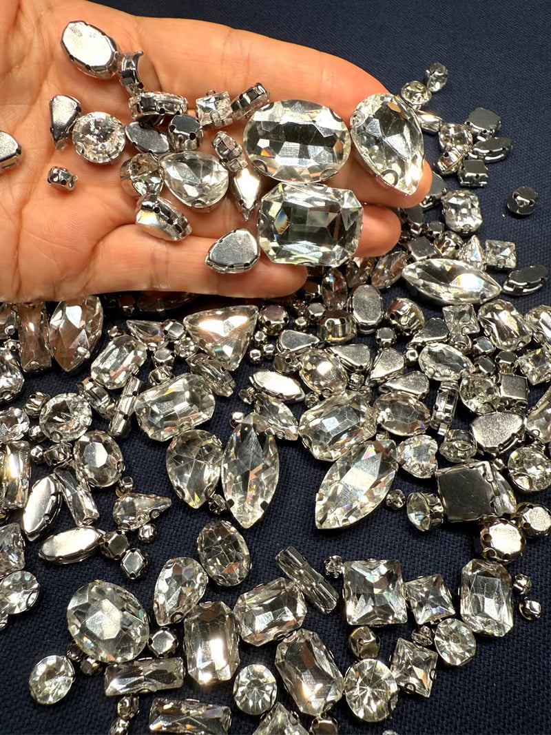 260 PCS/Pack 9 Shapes 24 Sizes Mixed Clear Crystals, Silver Sew on Glass Rhinestones,Crystal Gems Mental Flatback with Silver Claw, for Jewelry Crafts Costume DIY Garment R1-Silver