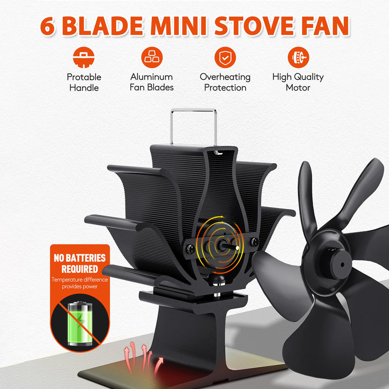 Wood Stove Fan Heat Powered, Small Fireplace Fan for Log Wood Burning Stove 6 Blades Small Fan