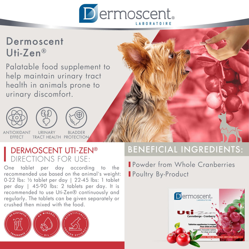 Dermoscent UTI-Zen Cranberry Tablets for Dogs & Cats Food Supplement for Bladder, Kidney & Urinary Tract Health Chicken Flavoured - 30 Tablets